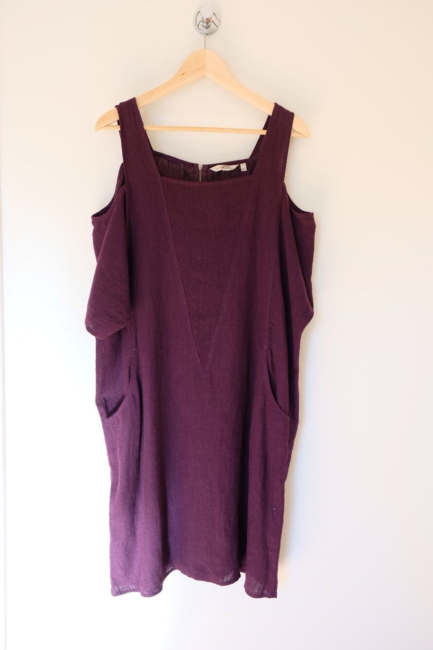 Soft Surroundings Linen Cold Shoulder Dress Women M Plum Lagenlook Boho